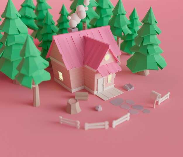 View of 3d house with fence and trees