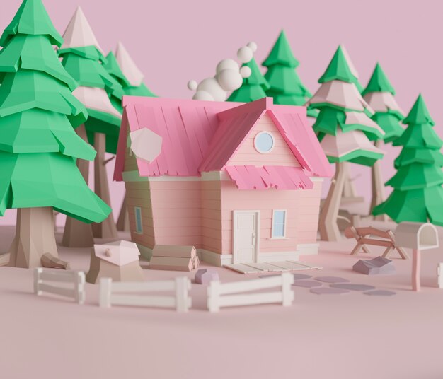 View of 3d house with fence and trees