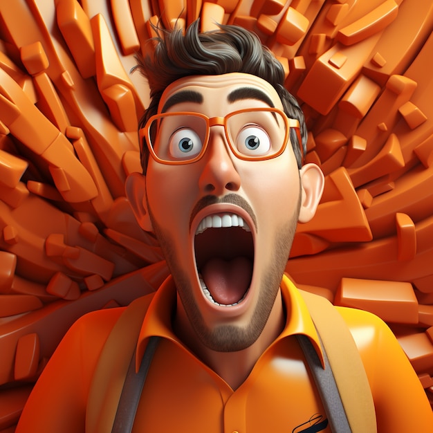 View of 3d shocked man with mouth wide open