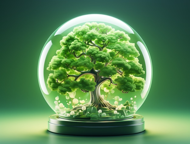 View of 3d tree in clear glass globe