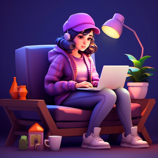 View of 3d woman using laptop