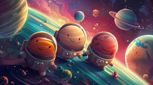 Free photo view of animated cartoon planets with astronaut