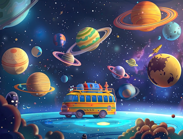 Free photo view of animated cartoon planets with bus