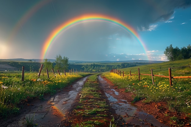 Free photo view of beautiful rainbow appearing at the end of a road