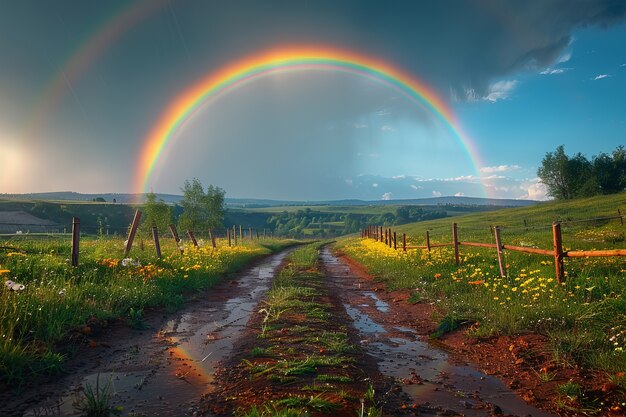 View of beautiful rainbow appearing at the end of a road