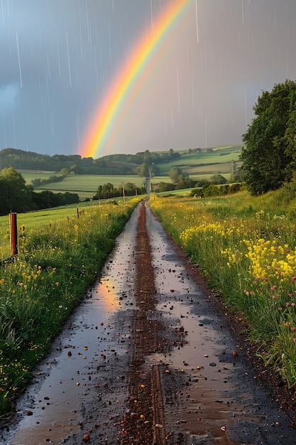 Free photo view of beautiful rainbow appearing at the end of a road