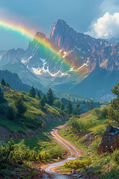 View of beautiful rainbow appearing at the end of a road