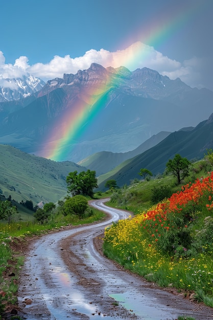 View of beautiful rainbow appearing at the end of a road