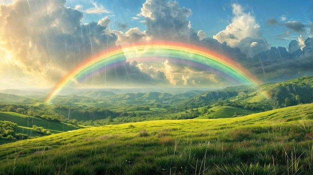 Free photo view of beautiful rainbow over nature landscape