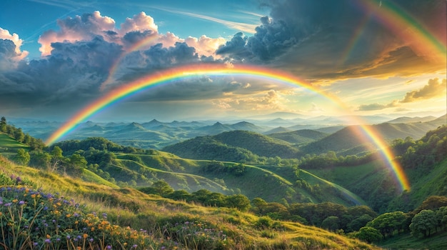 Free photo view of beautiful rainbow over nature landscape