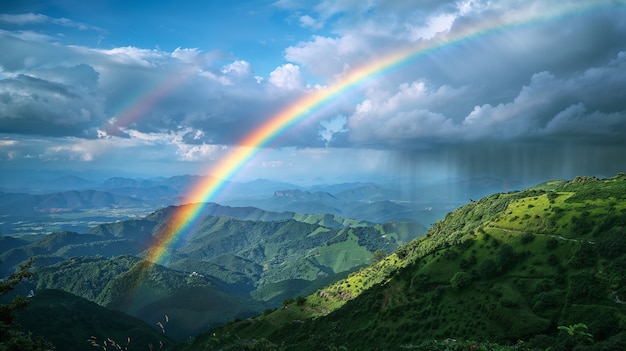 Free photo view of beautiful rainbow over nature landscape