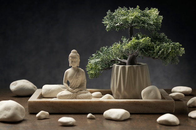 Free photo view of buddha statuette with bonsai tree