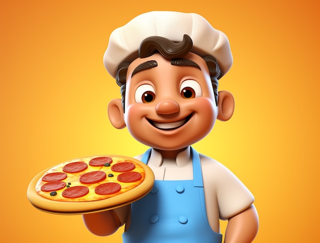 Free Photo view of cartoon chef with delicious 3d pizza