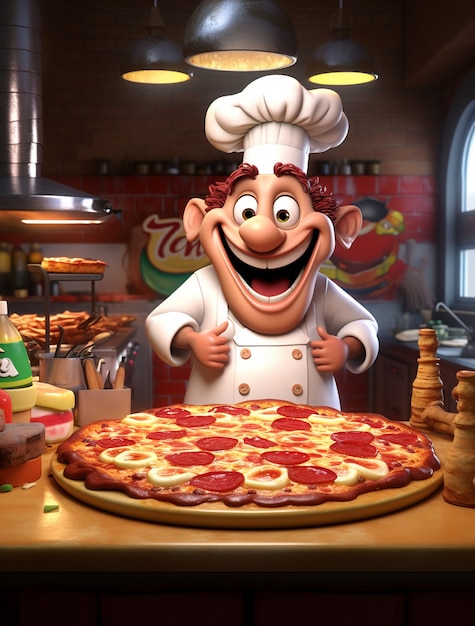 Free Photo view of cartoon chef with delicious 3d pizza