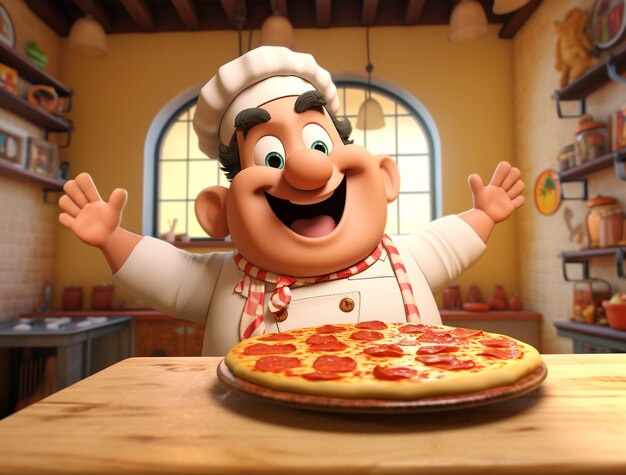 Free Photo view of cartoon chef with delicious 3d pizza