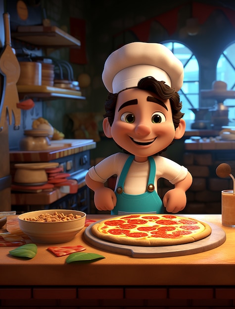 Free Photo view of cartoon chef with delicious 3d pizza