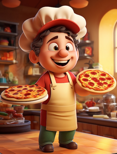 Free Photo view of cartoon male chef with delicious 3d pizza