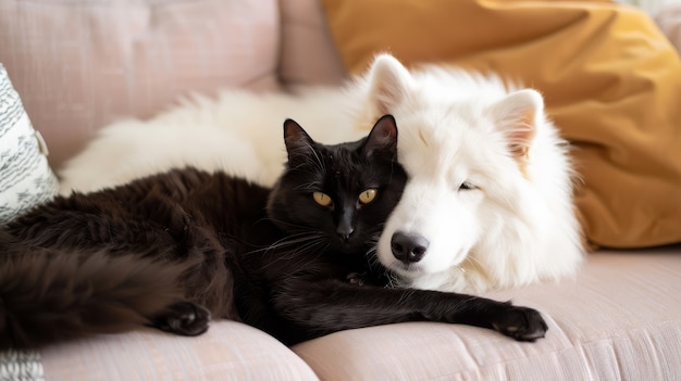 Free Photo view of cats and dogs showing friendship