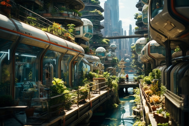 View of futuristic city with lots of vegetation and greenery