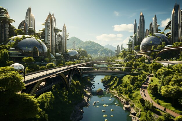 View of futuristic city with lots of vegetation and greenery