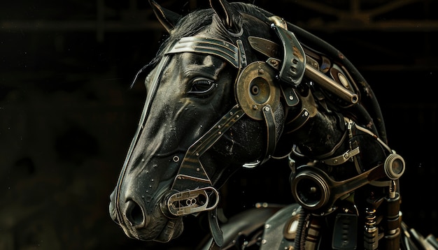 Free photo view of horse with mechanical and robotic parts in futuristic style