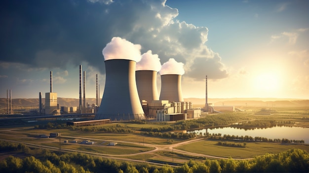 Free photo view of nuclear power plant with steaming towers