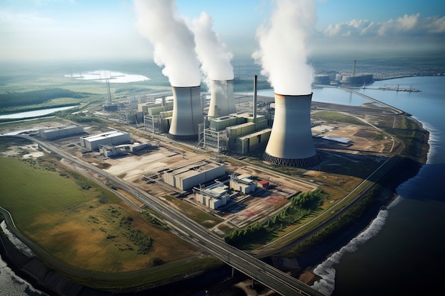 Free photo view of nuclear power plant with towers letting out steam from the process