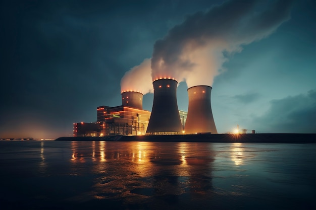 Free photo view of nuclear power plant with towers letting out steam from the process