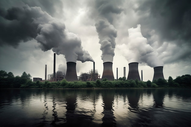 Free photo view of nuclear power plant with towers letting out steam from the process