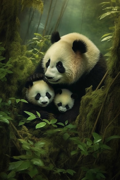 Free Photo view of panda bear with cubs in nature