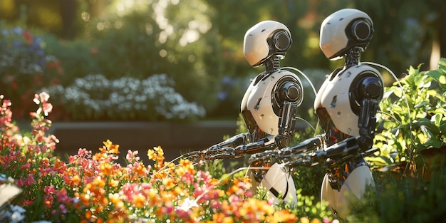 Free photo view of a robot taking care of a garden