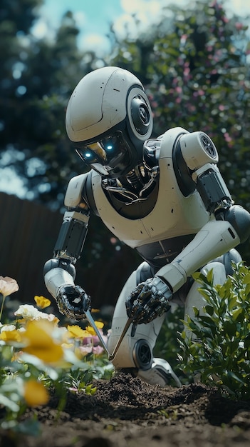 Free photo view of robot tending and maintaining gardens