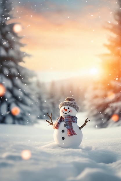 Free photo view of snowman with winter landscape and snow