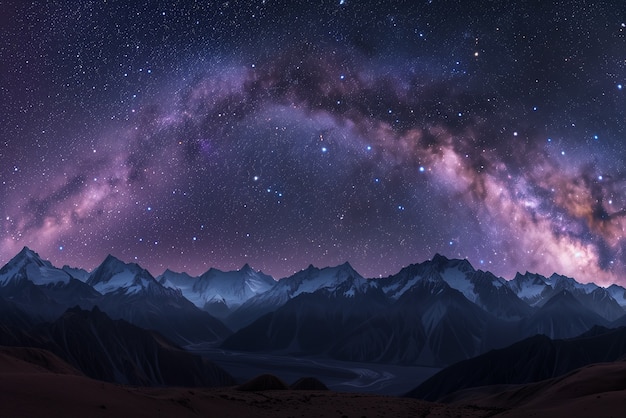 View of starry night sky with nature and mountains landscape