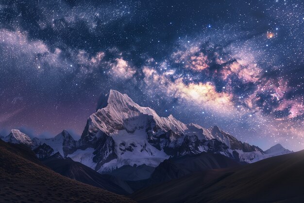 View of starry night sky with nature and mountains landscape