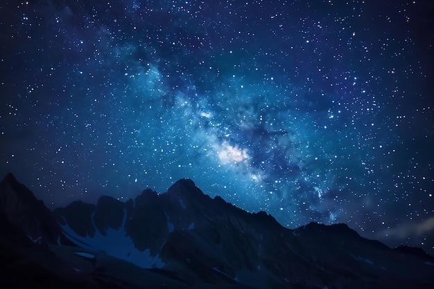 View of starry night sky with nature and mountains landscape