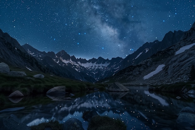 Free photo view of starry night sky with nature and mountains landscape