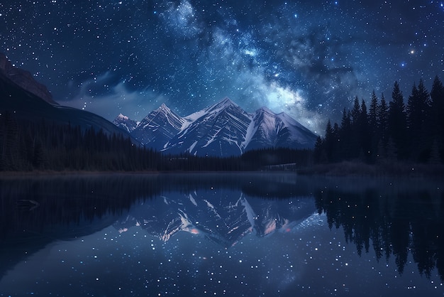 Free photo view of starry night sky with nature and mountains landscape