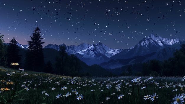 View of starry night sky with nature and mountains landscape