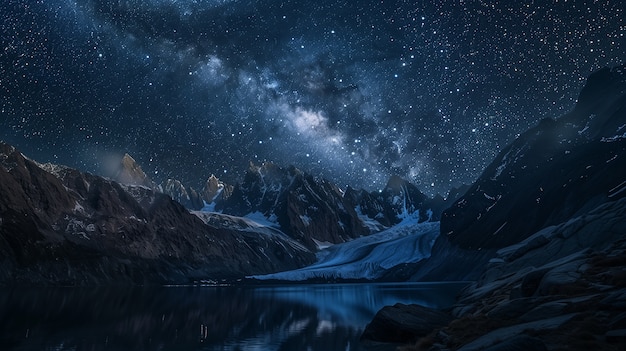 View of starry night sky with nature and mountains landscape