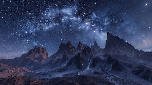 View of starry night sky with nature and mountains landscape