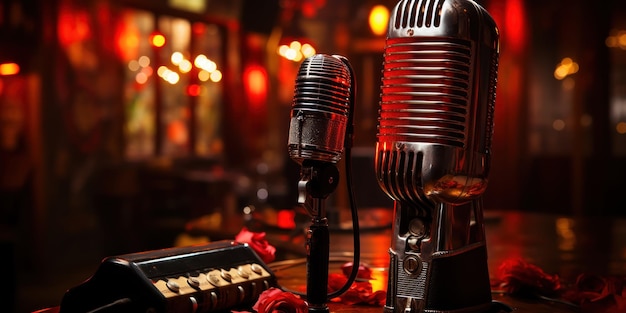 Free photo vintage microphone and musical instruments under red neon lights