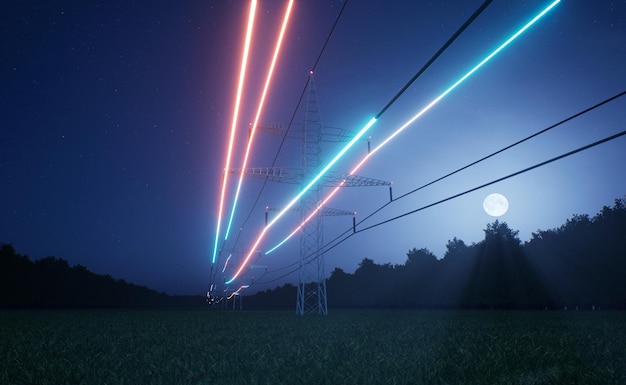 Free photo visualization of energy flowing through power tower lines over night sky. infrastructure ensuring transmission of electricity through voltage distribution cables, 3d render animation