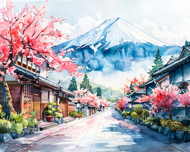 Free Photo watercolor landscape from japan with traditional elements