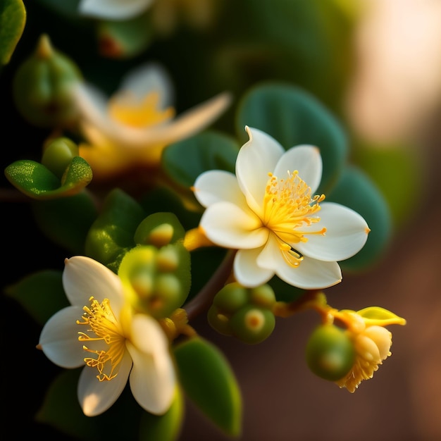 Free Photo a white flower with a yellow center is surrounded by green leaves.