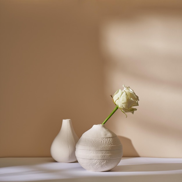 Free photo white rose in a ceramic vase against a beige wall