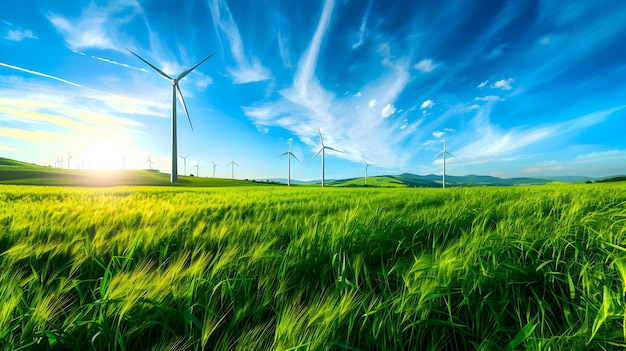 Free photo wind turbines on a green field with greenery agriculture