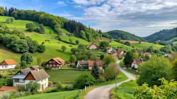 Free photo winding road through a green valley with houses