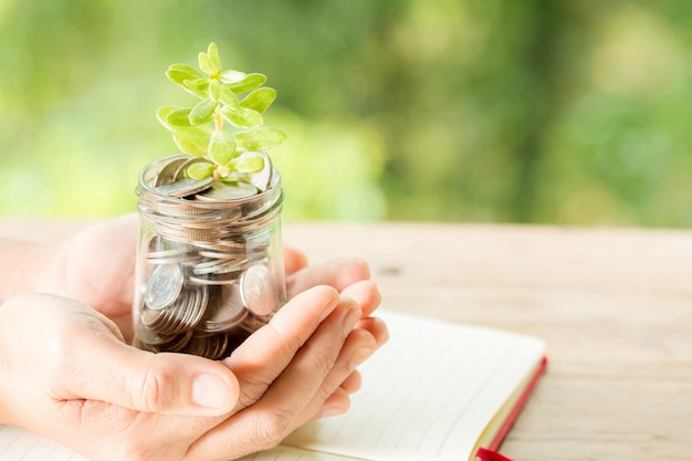 Free Photo woman hand holding plant growing from coins bottle