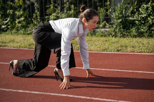 Free photo woman running in suit full shot